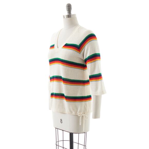 Vintage 1970s Sweater 70s Rainbow Striped Cream Knit Retro Pullover Top - Picture 6 of 9